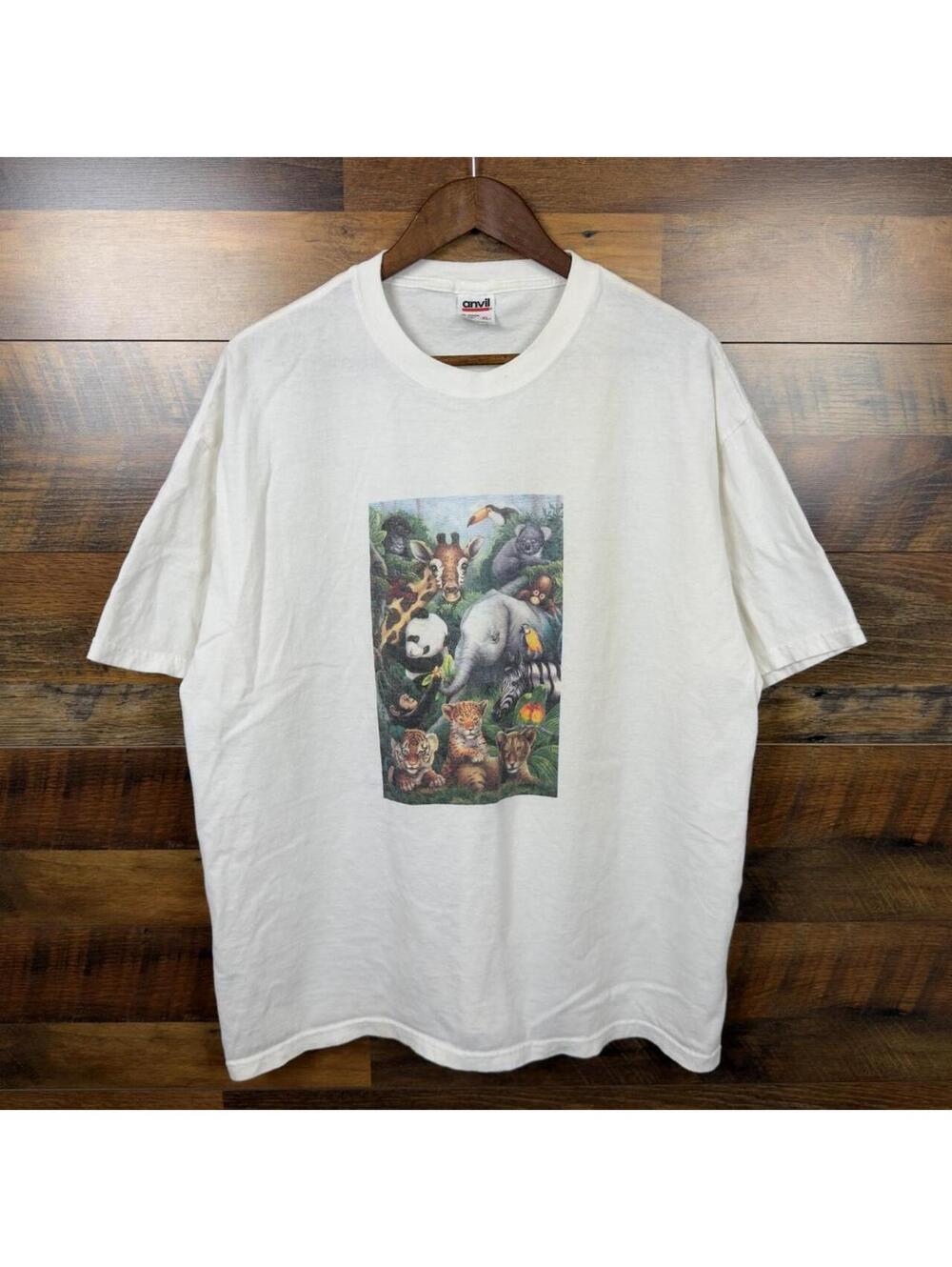 Vintage 90s Anvil Rainforest Jungle Animals Graphic T-Shirt White XL USA